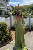 Women's Pleated Evening Dress Maxi in Green - Full look at outdoor lifestyle setting