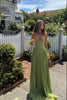 Women's Pleated Evening Dress Maxi in Green - Full look at outdoor lifestyle setting