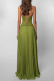 Women's Pleated Evening Dress Maxi in Green - Lace corset bodice detail