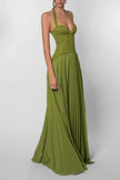 Women's Pleated Evening Dress Maxi in Green - Detail shot of flowing pleats