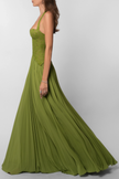 Women's Pleated Evening Dress Maxi in Green - Side profile studio view