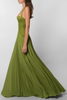 Women's Pleated Evening Dress Maxi in Green - Side profile studio view