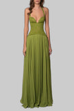 Women's Pleated Evening Dress Maxi in Green - Front view