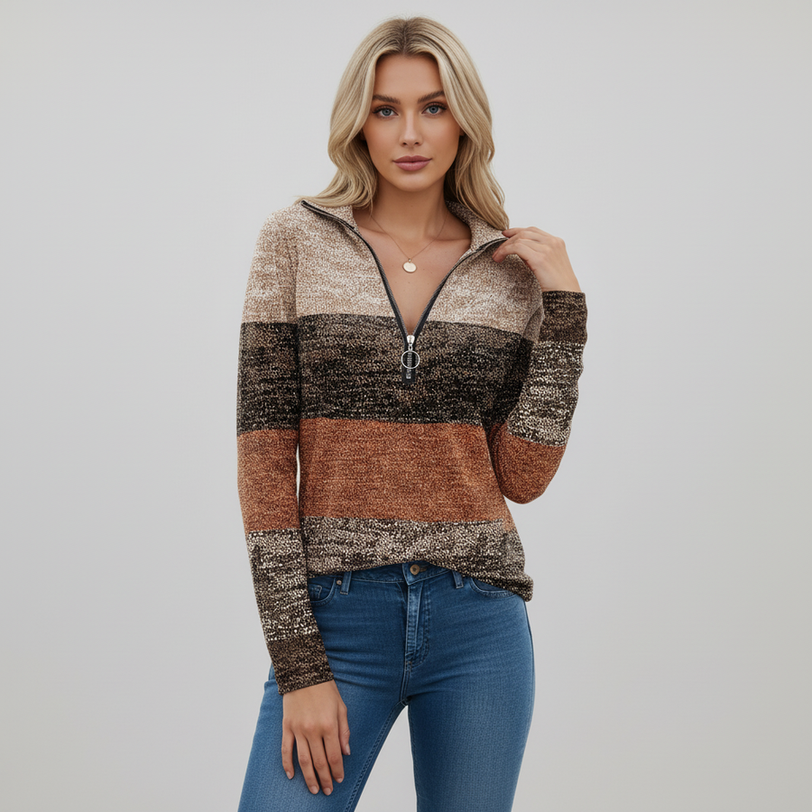 Women's Quarter Zip Sweater Color Block V-Neck