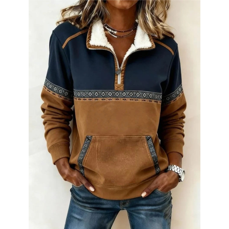 Women's Quarter Zip Sweatshirt Color Block Pocket – Brown