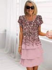 Women's Ruffled Floral Dress Midi in Pink Glitter