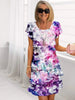 Women's Ruffled Floral Dress Midi in Purple Galaxy Floral