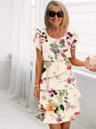 Women's Ruffled Floral Dress Midi in Beige Floral