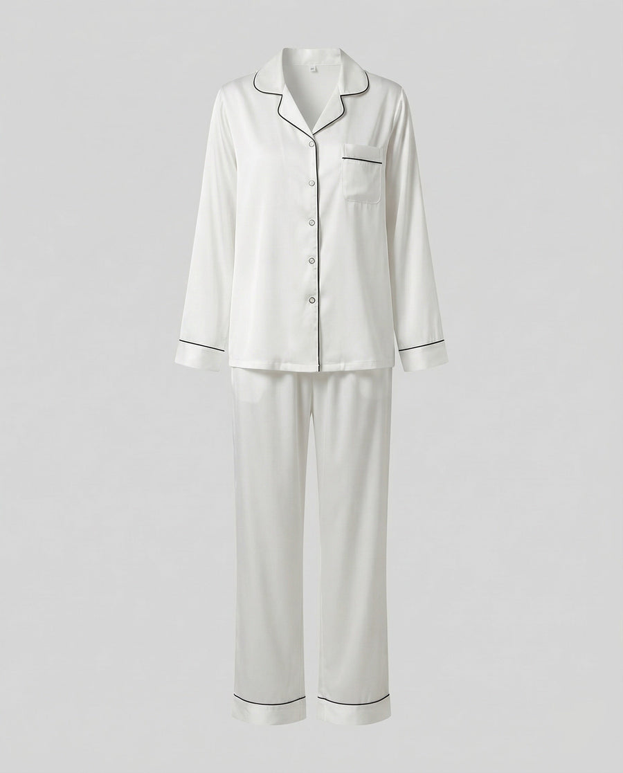 Women's Satin Pajama Set Button Front Piped Collar