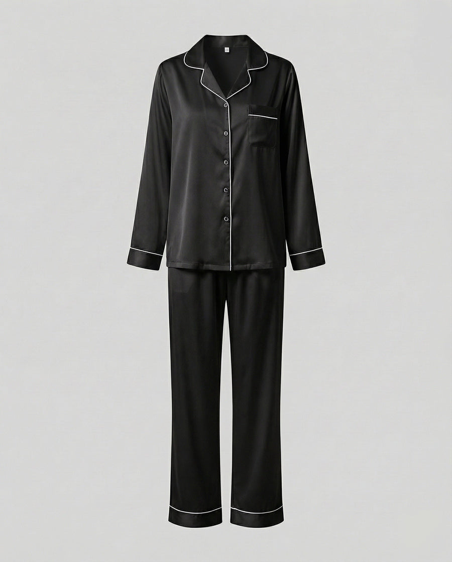 Women's Satin Pajama Set Button Front Piped Collar