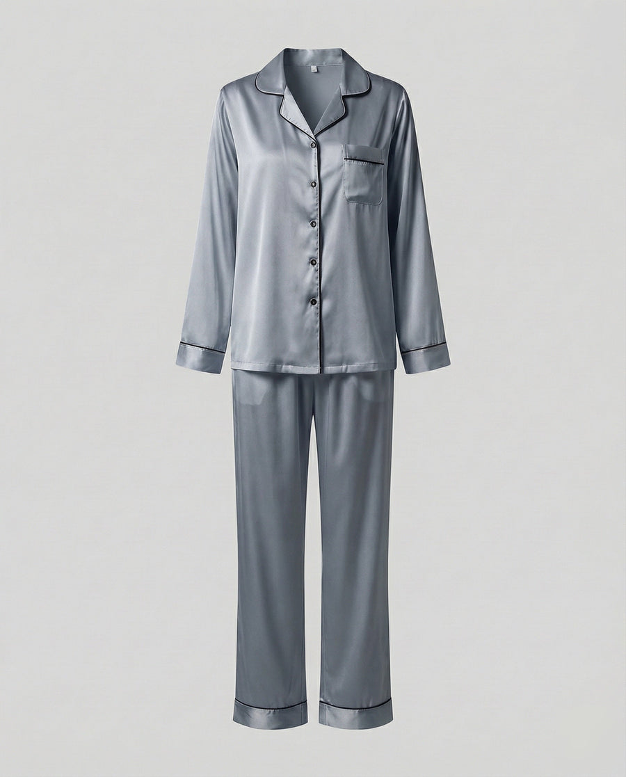 Women's Satin Pajama Set Button Front Piped Collar