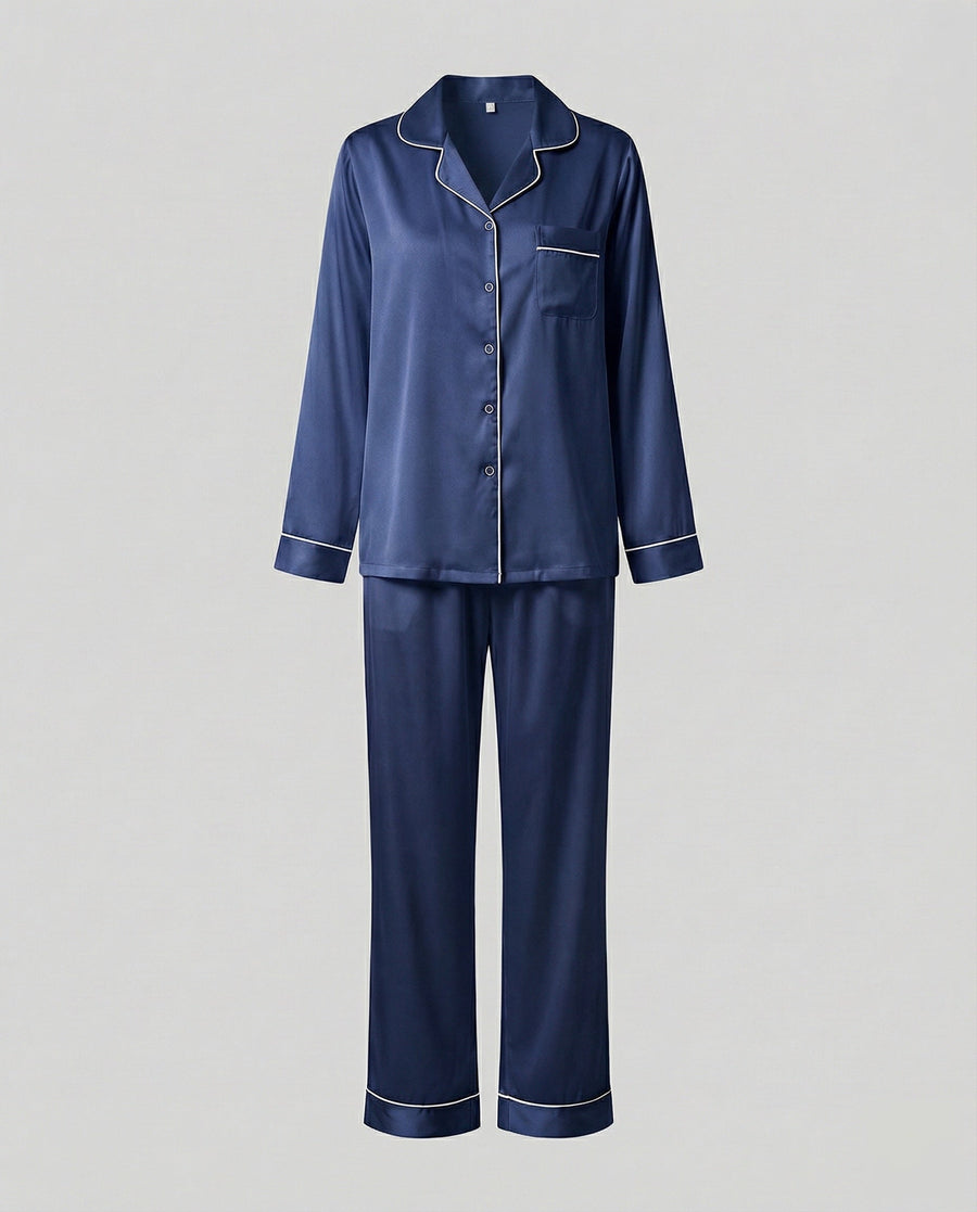 Women's Satin Pajama Set Button Front Piped Collar