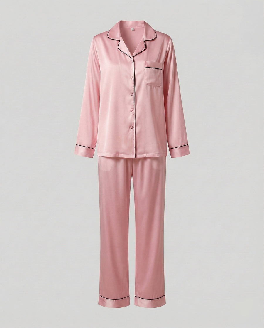 Women's Satin Pajama Set Button Front Piped Collar