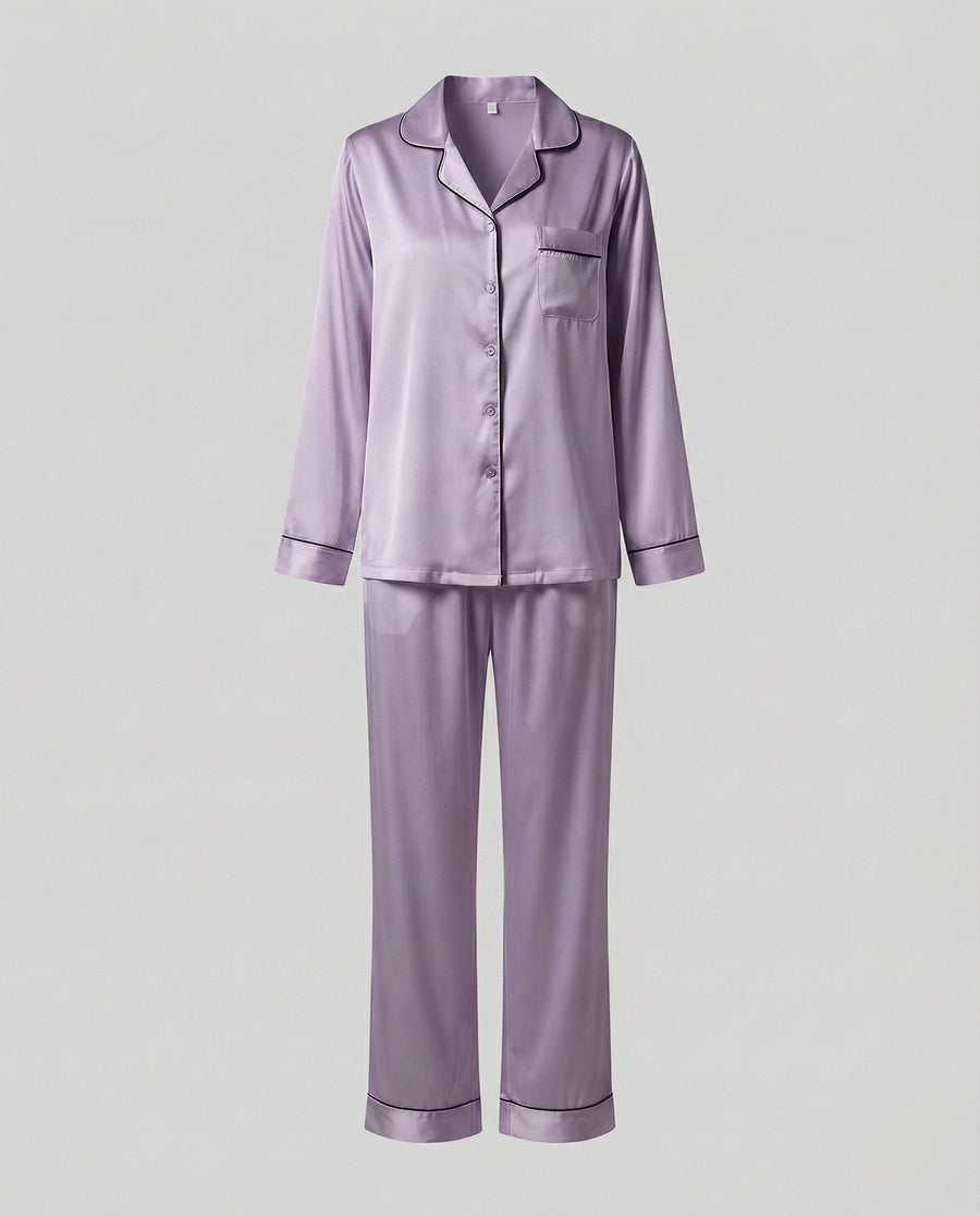 Women's Satin Pajama Set Button Front Piped Collar