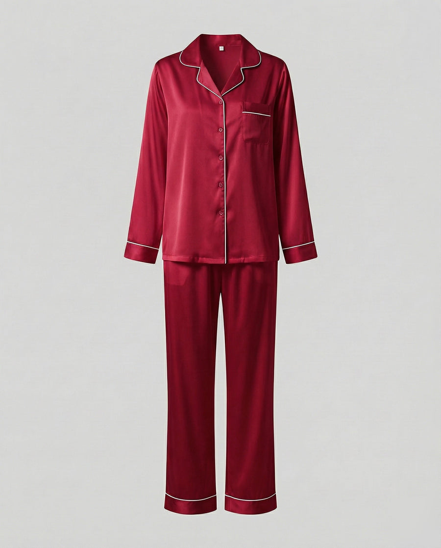 Women's Satin Pajama Set Button Front Piped Collar