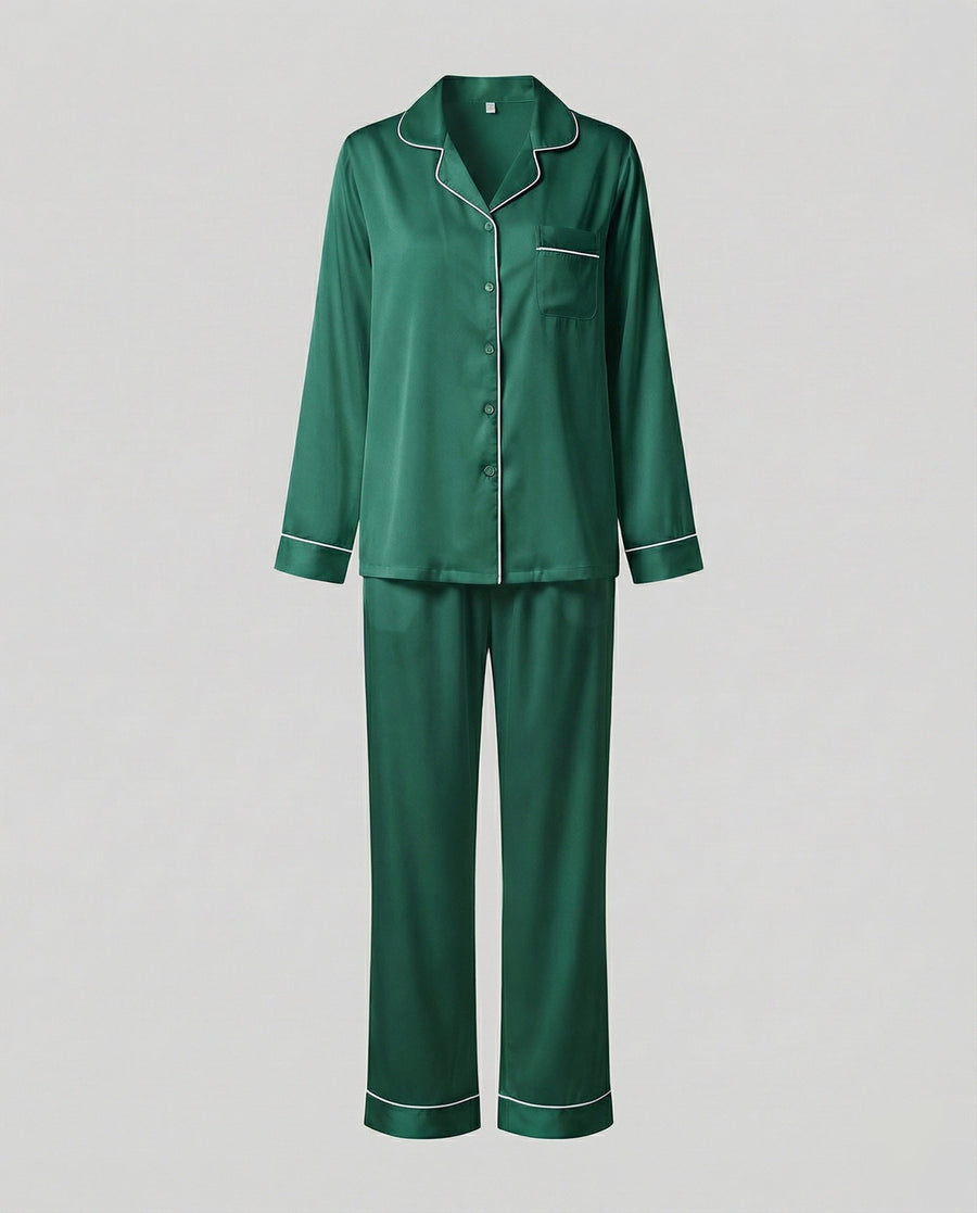 Women's Satin Pajama Set Button Front Piped Collar