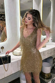 Women's Sequin Fringe Party Dress Mini in Gold - Dynamic pose at indoor event