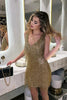 Women's Sequin Fringe Party Dress Mini in Gold - Dynamic pose at indoor event