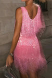 Women's Sequin Fringe Party Dress Mini in Pink - Back view at outdoor night event