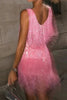 Women's Sequin Fringe Party Dress Mini in Pink - Back view at outdoor night event