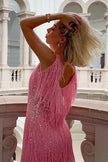 Women's Sequin Fringe Party Dress Mini in Pink - Model at architectural outdoor setting