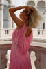 Women's Sequin Fringe Party Dress Mini in Pink - Model at architectural outdoor setting