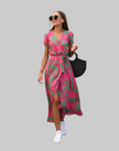 Women's Short Sleeve Wrap Dress Maxi in Pink & Green floral print – front view