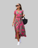 Women's Short Sleeve Wrap Dress Maxi in Pink & Green floral print – front view