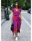 Women's Short Sleeve Wrap Dress Maxi in Red & Blue floral print – front view