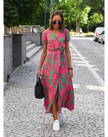 Women's Short Sleeve Wrap Dress Maxi in Pink & Green floral print – front detail view