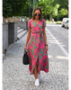 Women's Short Sleeve Wrap Dress Maxi in Pink & Green floral print – front detail view