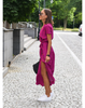 Women's Short Sleeve Wrap Dress Maxi in Purple Polka Dot print – side view