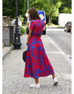Women's Short Sleeve Wrap Dress Maxi in Red & Blue floral print – back view