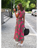 Women's Short Sleeve Wrap Dress Maxi in Pink & Green floral print – back view