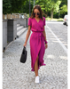 Women's Short Sleeve Wrap Dress Maxi in Purple Polka Dot print – alternate front view
