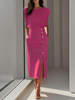 Model in hot pink fuchsia sleeveless midi dress with padded shoulders and decorative gold side buttons