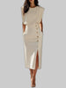 Woman in cream white sleeveless midi dress with structured padded shoulders and gold side buttons, gray studio background