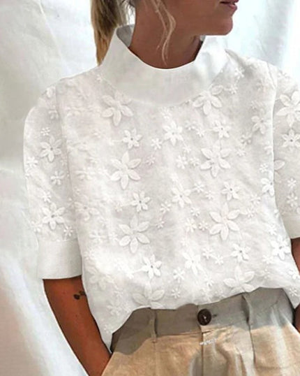 Women's Stand Collar Blouse Embroidered in White