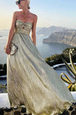 Women's Strapless Shimmering Evening Maxi Dress in Gold - full length