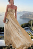 Women's Strapless Shimmering Evening Maxi Dress in Gold - flowing skirt
