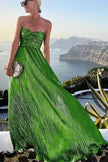 Women's Strapless Shimmering Evening Maxi Dress in Green - full length