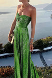 Women's Strapless Shimmering Evening Maxi Dress in Green