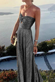 Women's Strapless Shimmering Evening Maxi Dress in Silver