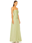 Side view of a green strapless pleated maxi dress