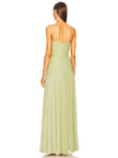 Back view of a green strapless pleated maxi dress