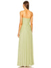 Back view of a green strapless pleated maxi dress