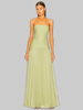 Woman wearing a green strapless pleated maxi dress