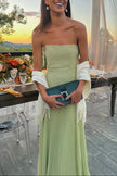Women's Summer Pleated Evening Dress Maxi in Green - Full look styled with clutch and scarf at sunset