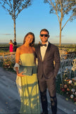 Women's Summer Pleated Evening Dress Maxi in Green - Couple at outdoor wedding venue