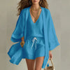 Women's Three Piece Romper Set Kimono in Blue – V-neck vest top, drawstring shorts, and open-front kimono cardigan